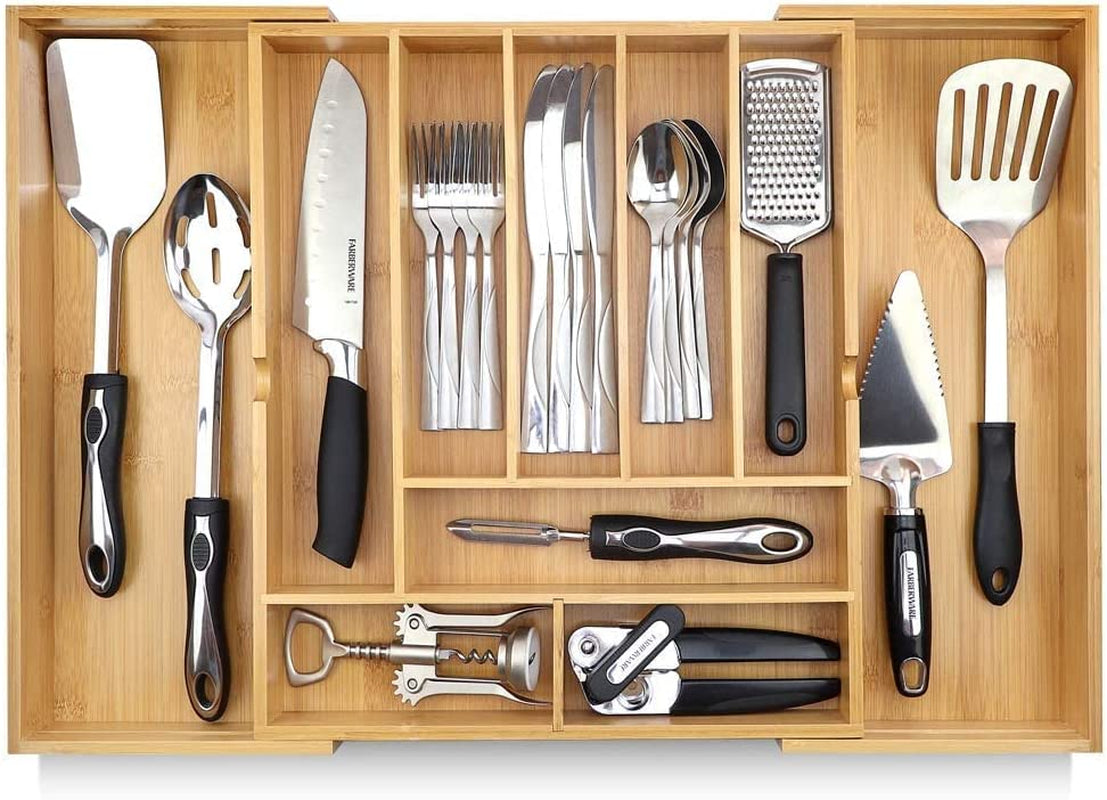 Expandable Bamboo Drawer Organizer for Kitchen & Office – 10 Adjustable Compartments, Fits 13"–22" Wide Drawers