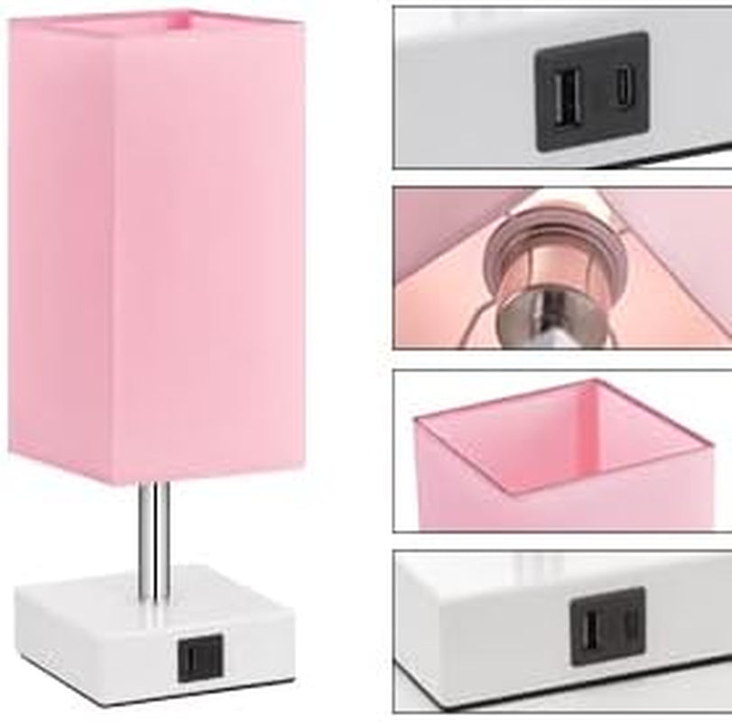 Touch Control Table Lamp with USB A+C Ports – 3-Level Dimmable Bedside Lamp with LED Bulb, Pink Shade & White Base, for Girls’ Room, Bedroom, Office
