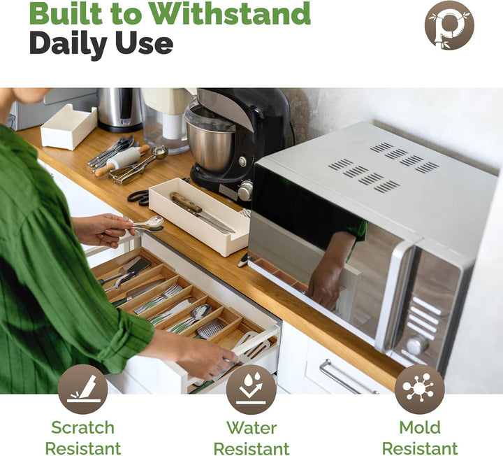 Expandable Bamboo Drawer Organizer for Kitchen & Office – 10 Adjustable Compartments, Fits 13"–22" Wide Drawers