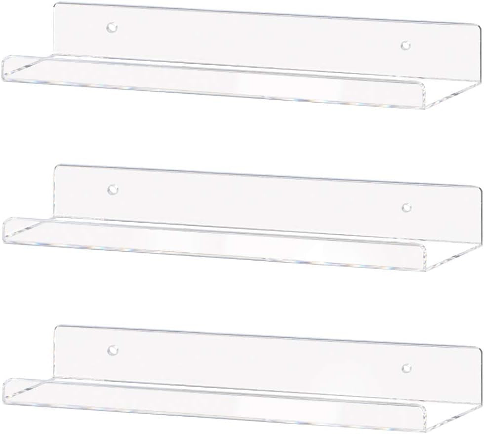 Clear Acrylic Floating Shelves – Set of 3 (15") | Wall-Mounted Invisible Display for Books, Decor & Makeup