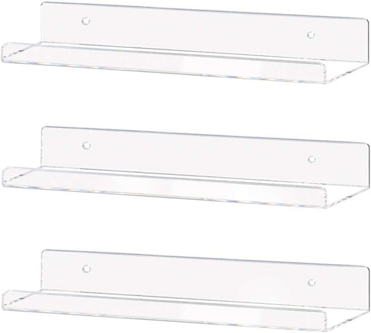 Clear Acrylic Floating Shelves – Set of 3 (15") | Wall-Mounted Invisible Display for Books, Decor & Makeup