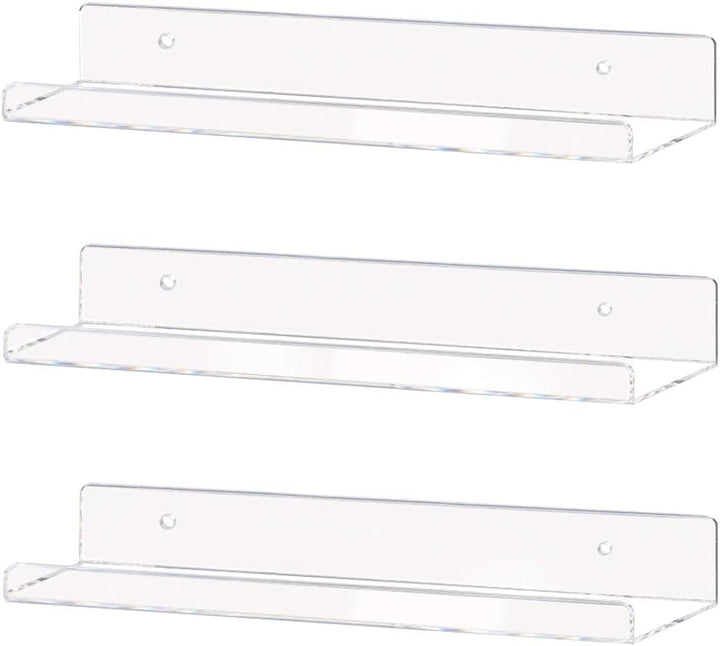 Clear Acrylic Floating Shelves – Set of 3 (15") | Wall-Mounted Invisible Display for Books, Decor & Makeup
