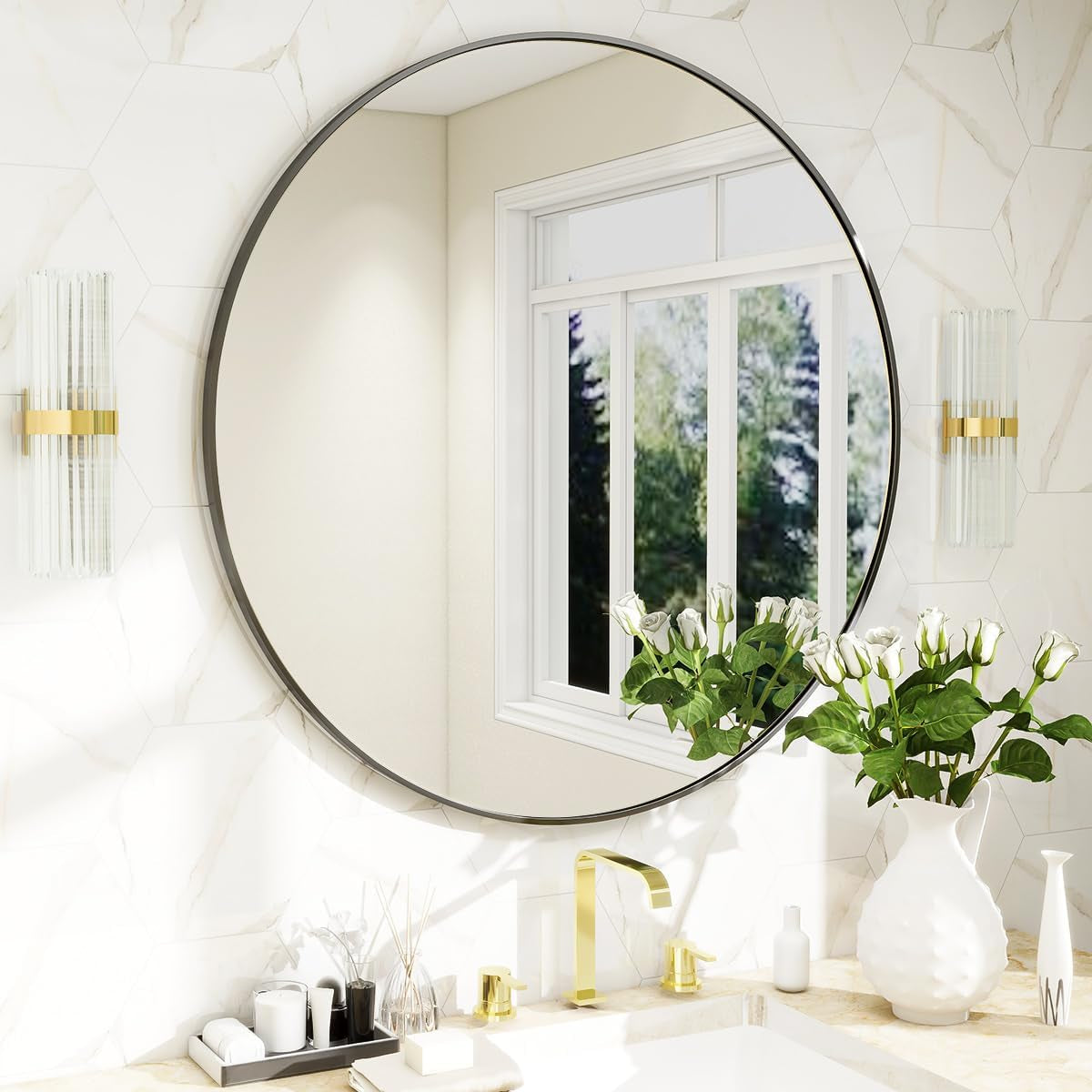 Modern Round Wall Mirror with Metal Frame – Minimalist Design for Bathroom, Living Room or Entryway
