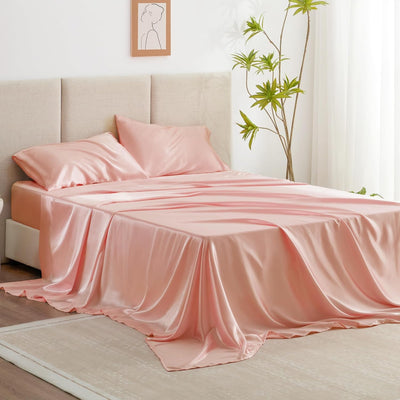 Queen Satin Sheet Set – 4 Pc Pink Silky Bedding