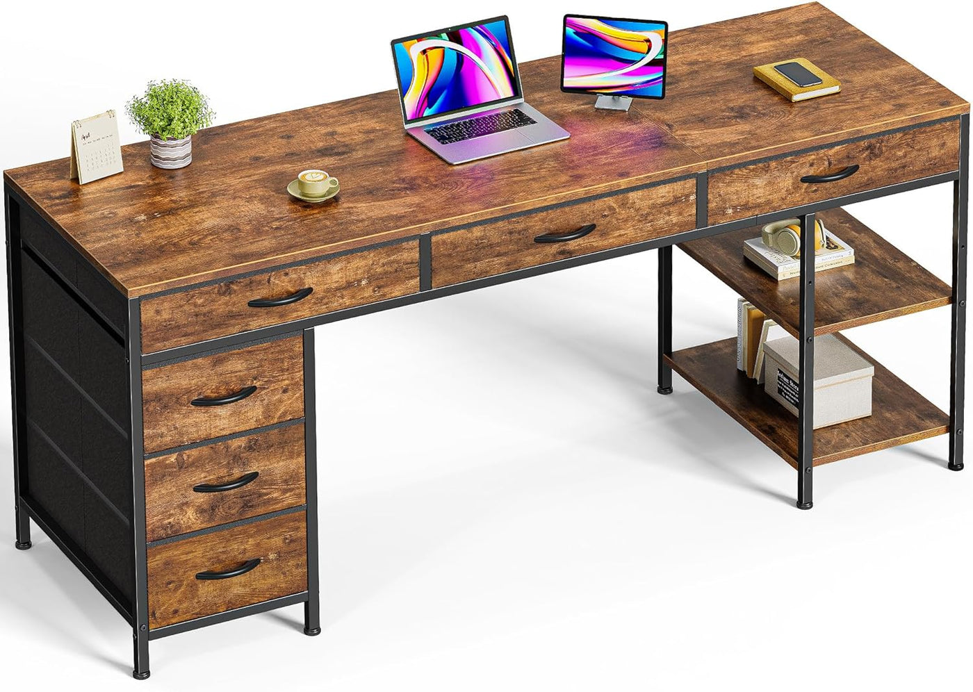 47" Gray Computer Desk with 6 Drawers & Shelves