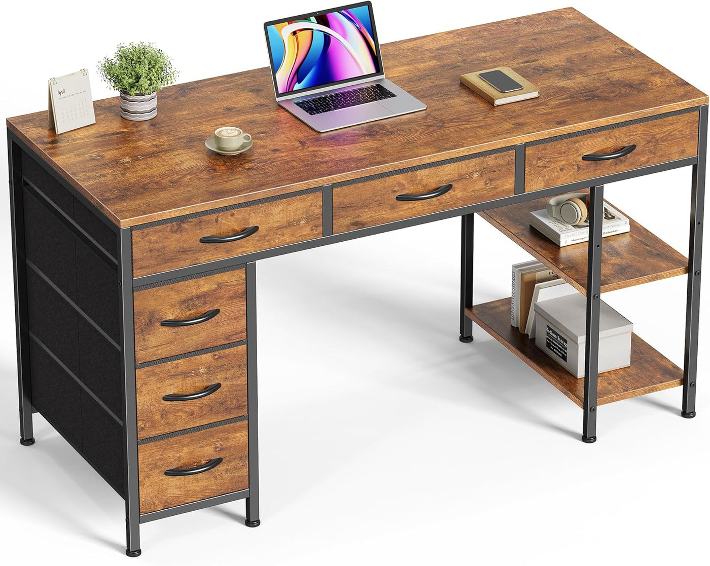 47" Gray Computer Desk with 6 Drawers & Shelves