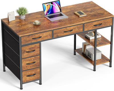 47" Gray Computer Desk with 6 Drawers & Shelves
