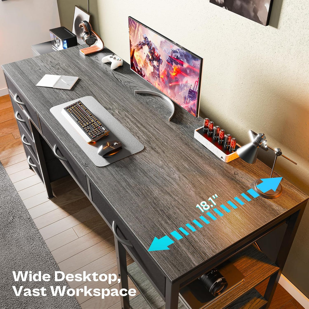 47" Gray Computer Desk with 6 Drawers & Shelves