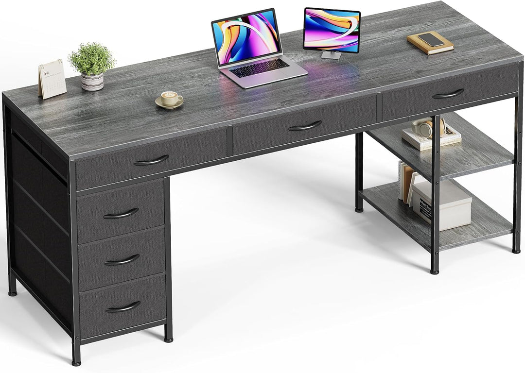 47" Gray Computer Desk with 6 Drawers & Shelves