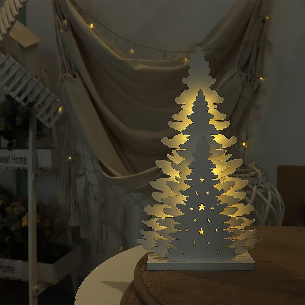Wooden Christmas Tree Tabletop Decor, LED Wood Craft Christmas Trees Light 2AA Battery Powered 10 Inch for Xmas Home Decorations(Indoor)