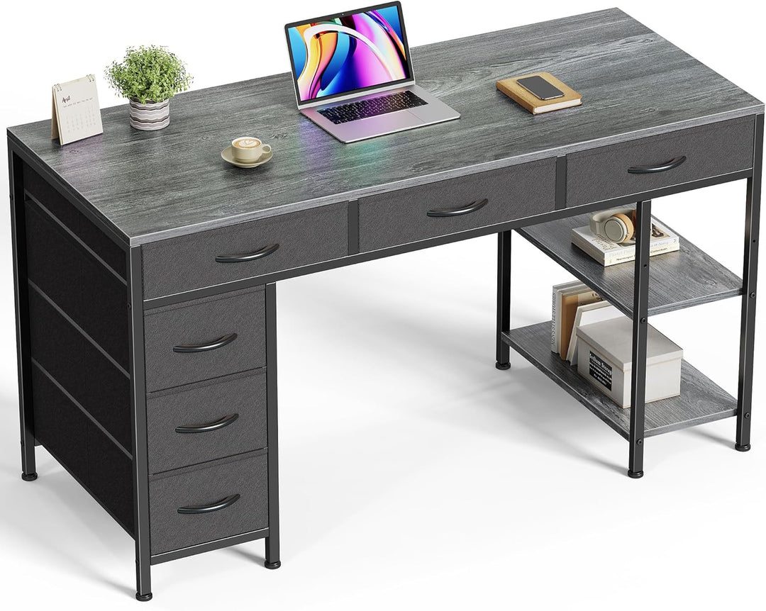47" Gray Computer Desk with 6 Drawers & Shelves