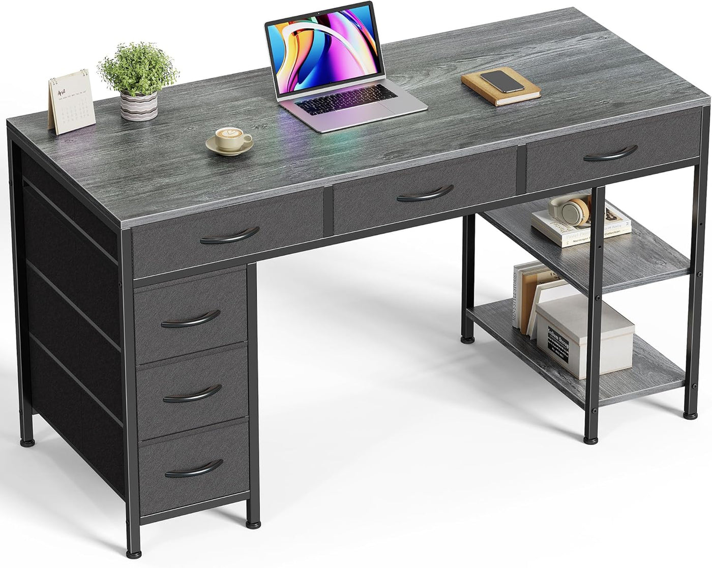 47" Gray Computer Desk with 6 Drawers & Shelves
