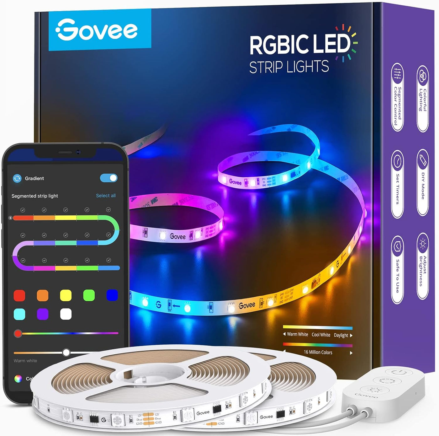 RGBIC LED Strip Lights 65.6ft – App Control, Music Sync, Segmented Colors (2 x 32.8ft)