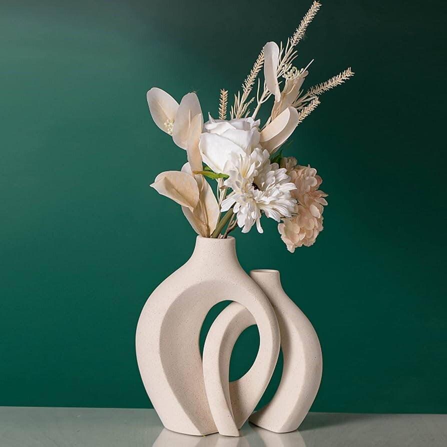 Off-White Hollow Ceramic Vase Set of 2 – Modern Donut Design for Nordic Home Decor
