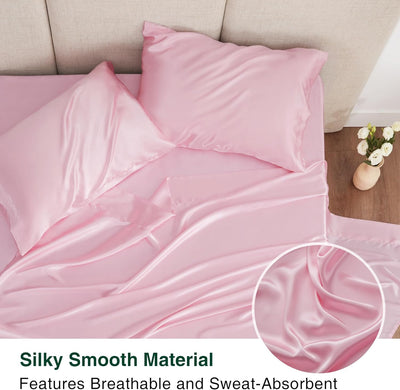 Queen Satin Sheet Set – 4 Pc Pink Silky Bedding
