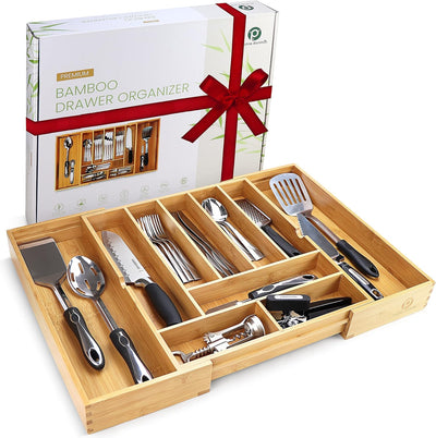 Expandable Bamboo Drawer Organizer for Kitchen & Office – 10 Adjustable Compartments, Fits 13"–22" Wide Drawers