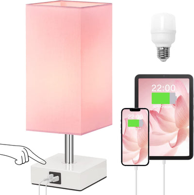 Touch Control Table Lamp with USB A+C Ports – 3-Level Dimmable Bedside Lamp with LED Bulb, Pink Shade & White Base, for Girls’ Room, Bedroom, Office