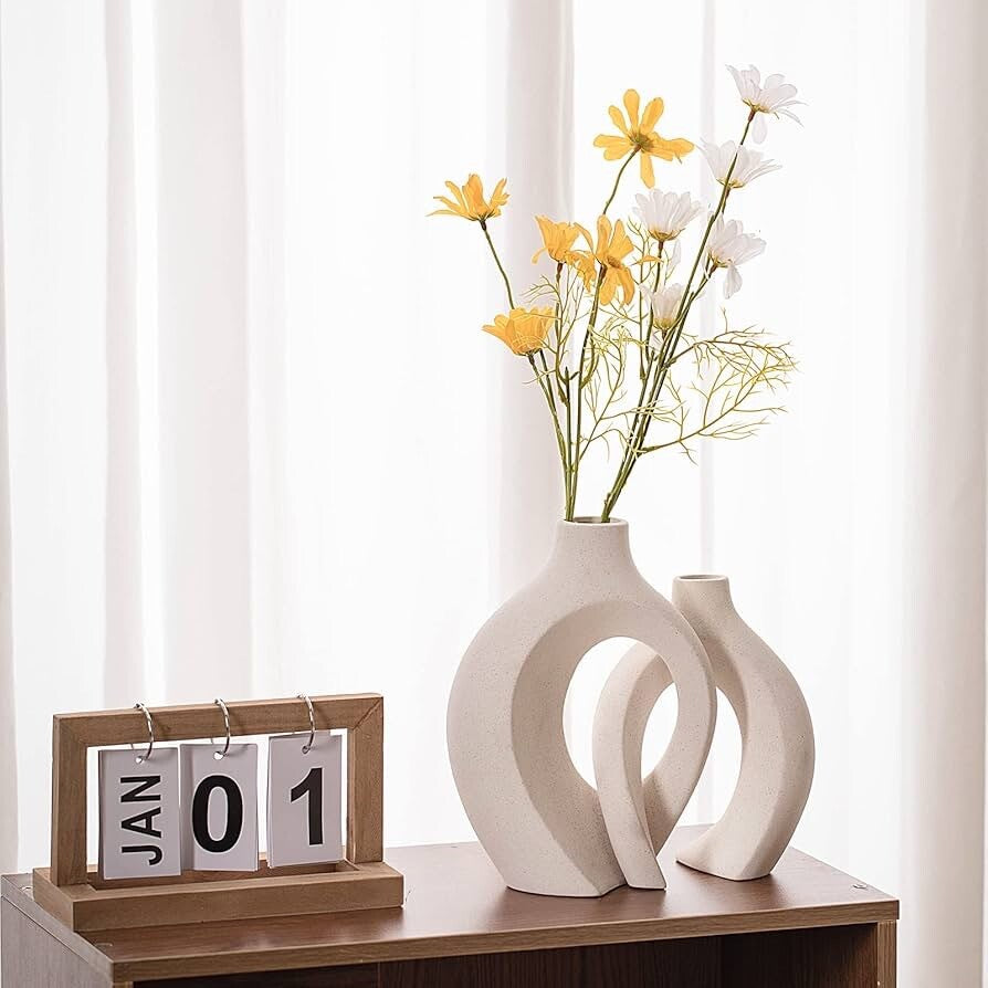 Off-White Hollow Ceramic Vase Set of 2 – Modern Donut Design for Nordic Home Decor