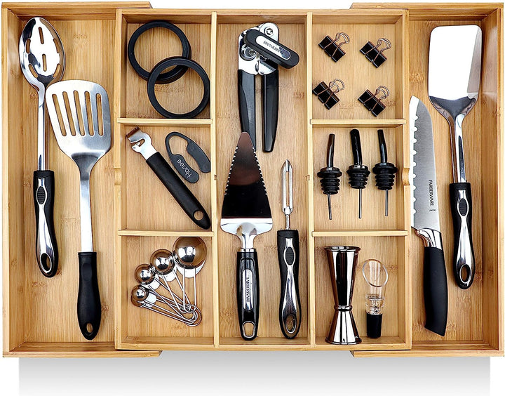 Expandable Bamboo Drawer Organizer for Kitchen & Office – 10 Adjustable Compartments, Fits 13"–22" Wide Drawers