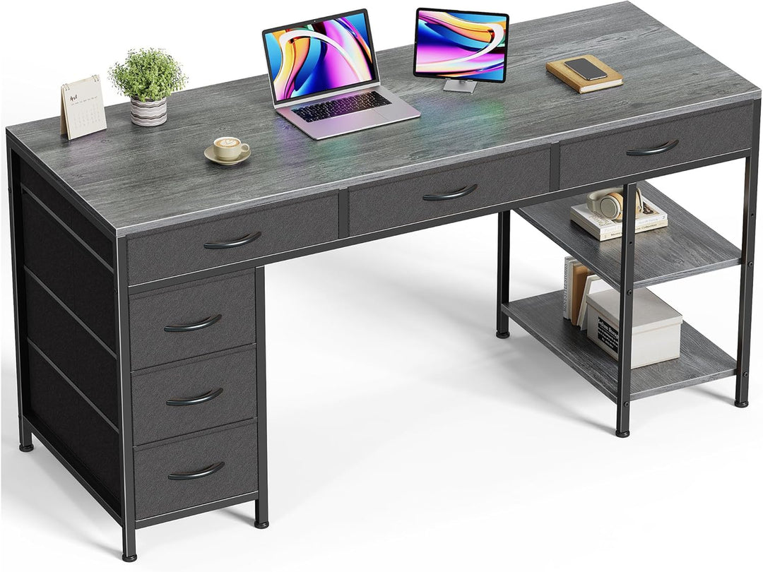 47" Gray Computer Desk with 6 Drawers & Shelves