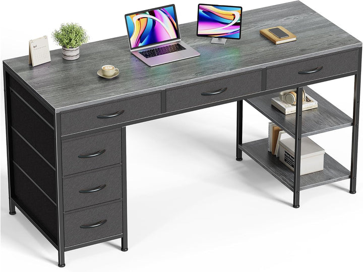 47" Gray Computer Desk with 6 Drawers & Shelves