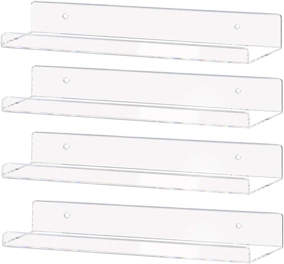 Clear Acrylic Floating Shelves – Set of 3 (15") | Wall-Mounted Invisible Display for Books, Decor & Makeup