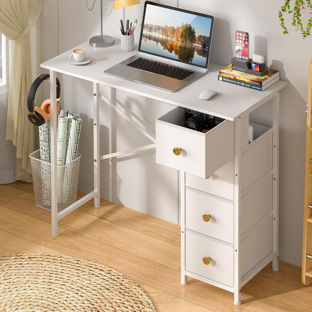 White 35" Writing Desk – Small Desk w/ Storage