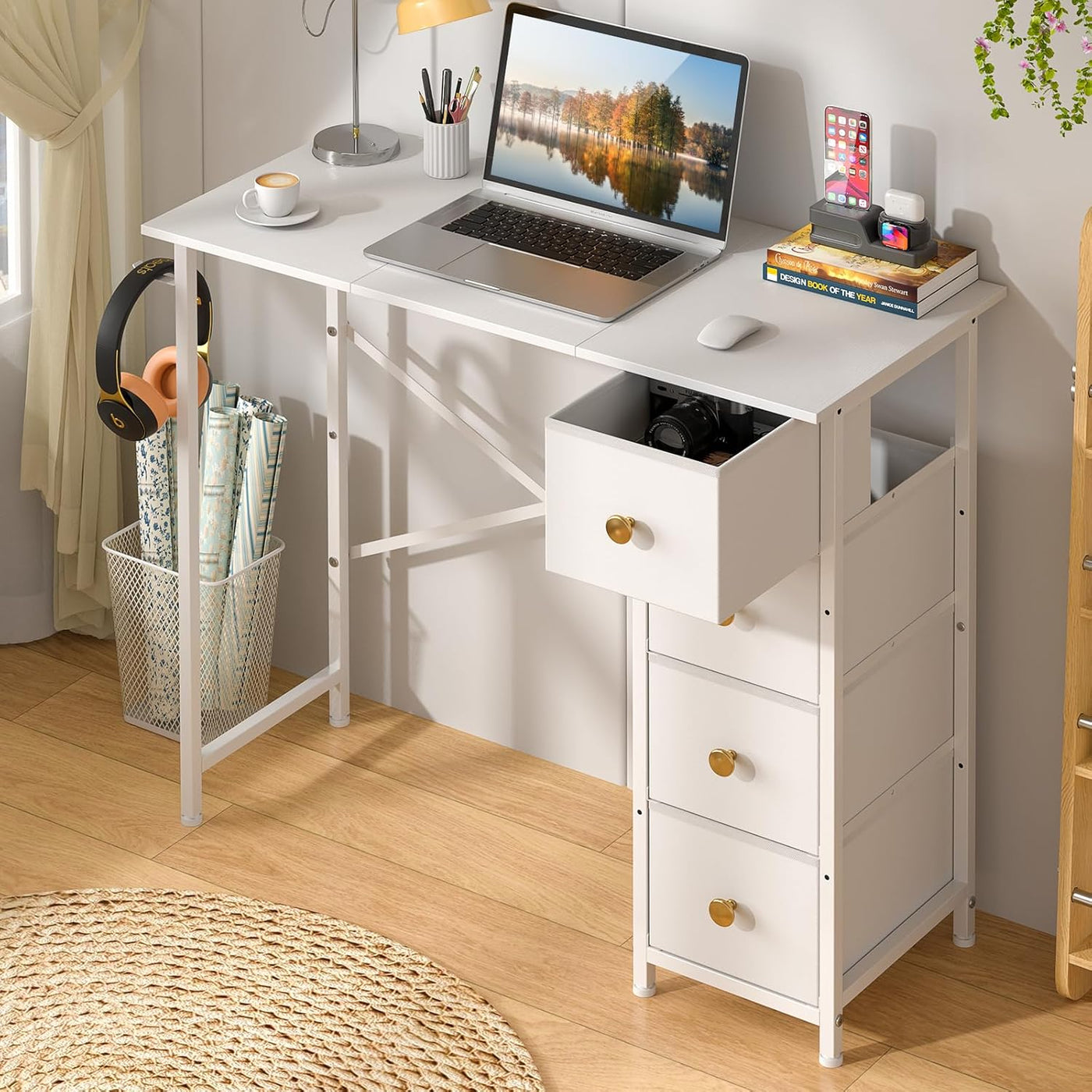 White 35" Writing Desk – Small Desk w/ Storage