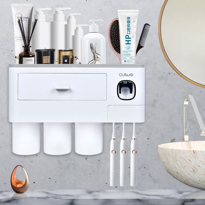 Toothbrush Holder Wall Mounted Automatic Toothpaste Dispenser Squeezer Kit -Magnetic Toothbrush Holder for Bathroom and Vanity, 4 Brush Slots 2 Cups 1 Cosmetic Drawer1 Large Storage Tray,Gray