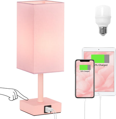 Touch Control Table Lamp with USB A+C Ports – 3-Level Dimmable Bedside Lamp with LED Bulb, Pink Shade & White Base, for Girls’ Room, Bedroom, Office