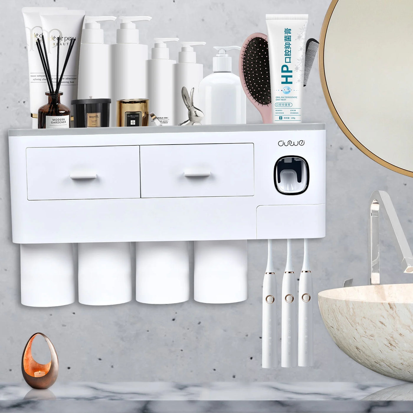 Toothbrush Holder Wall Mounted Automatic Toothpaste Dispenser Squeezer Kit -Magnetic Toothbrush Holder for Bathroom and Vanity, 4 Brush Slots 2 Cups 1 Cosmetic Drawer1 Large Storage Tray,Gray