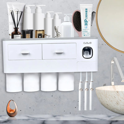 Toothbrush Holder Wall Mounted Automatic Toothpaste Dispenser Squeezer Kit -Magnetic Toothbrush Holder for Bathroom and Vanity, 4 Brush Slots 2 Cups 1 Cosmetic Drawer1 Large Storage Tray,Gray