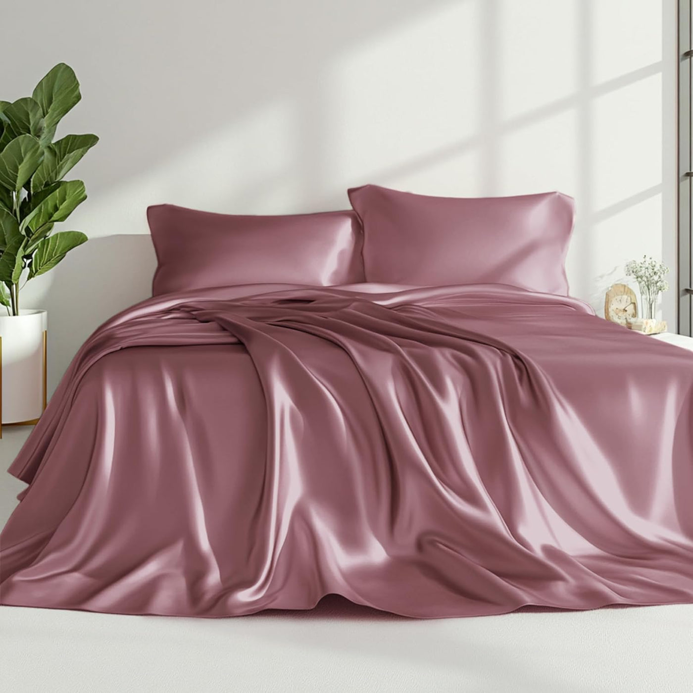 Queen Satin Sheet Set – 4 Pc Pink Silky Bedding