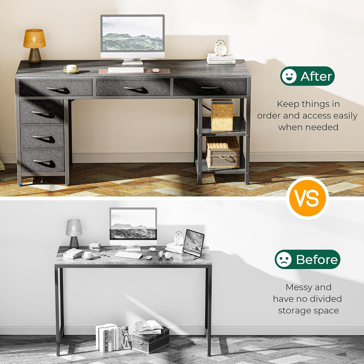 47" Gray Computer Desk with 6 Drawers & Shelves
