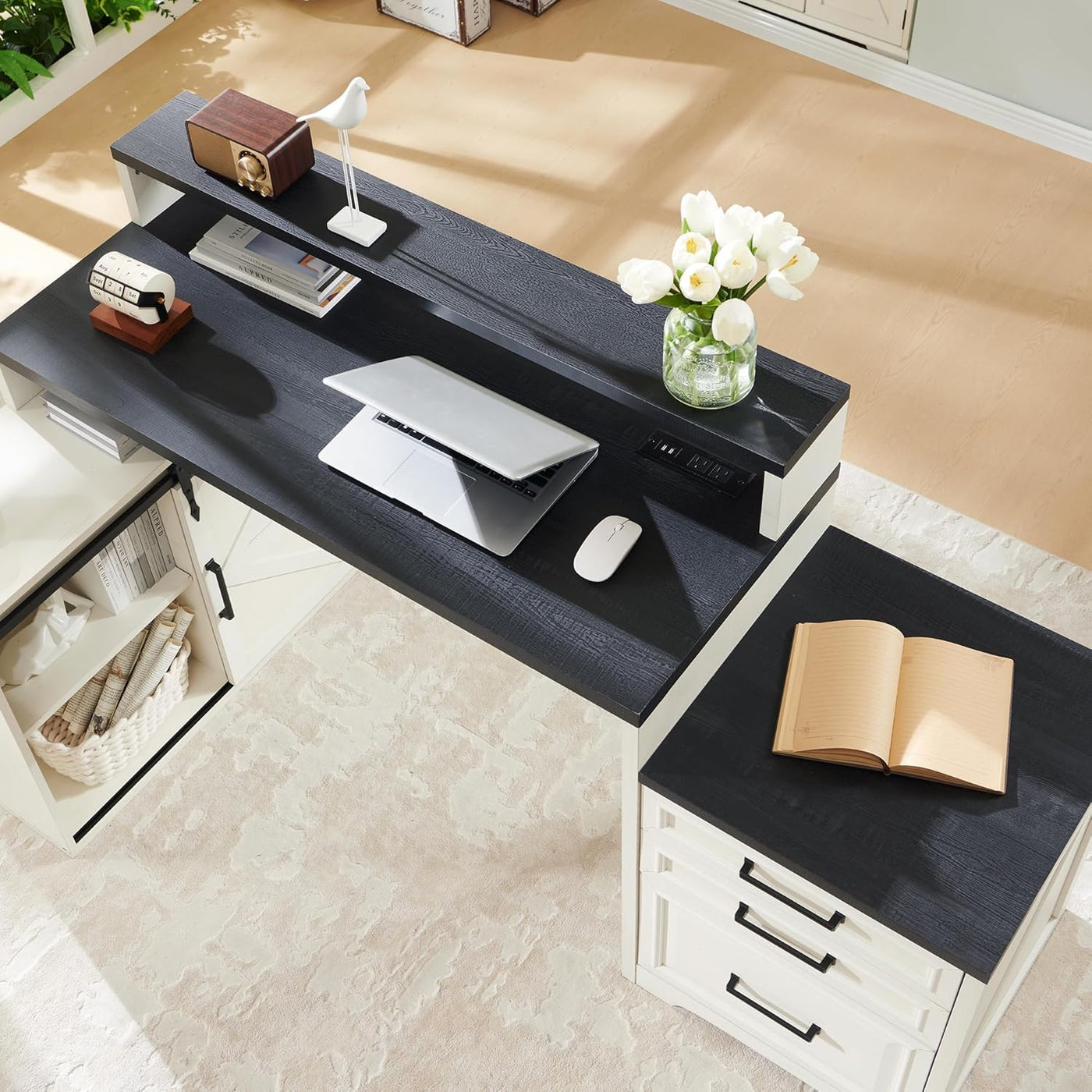 67" Off White Farmhouse Computer Desk with File