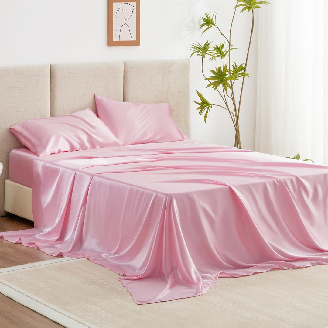 Queen Satin Sheet Set – 4 Pc Pink Silky Bedding