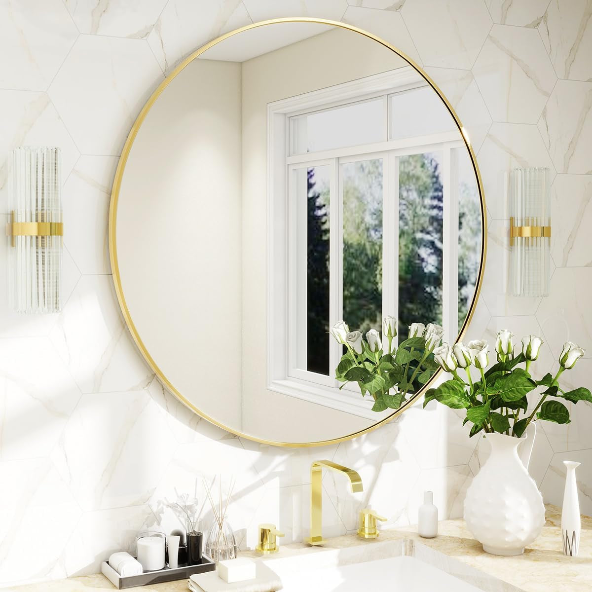 Modern Round Wall Mirror with Metal Frame – Minimalist Design for Bathroom, Living Room or Entryway