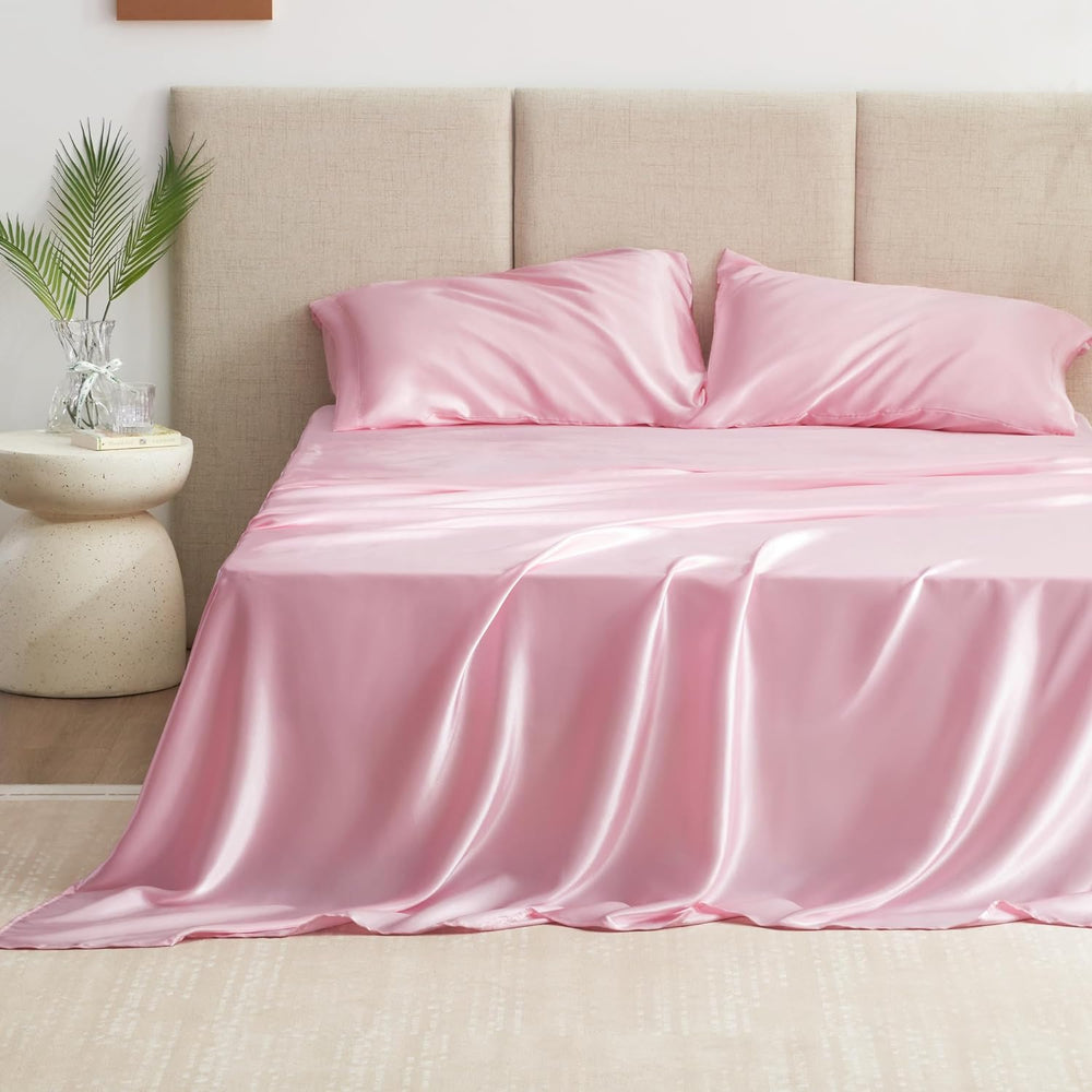Queen Satin Sheet Set – 4 Pc Pink Silky Bedding